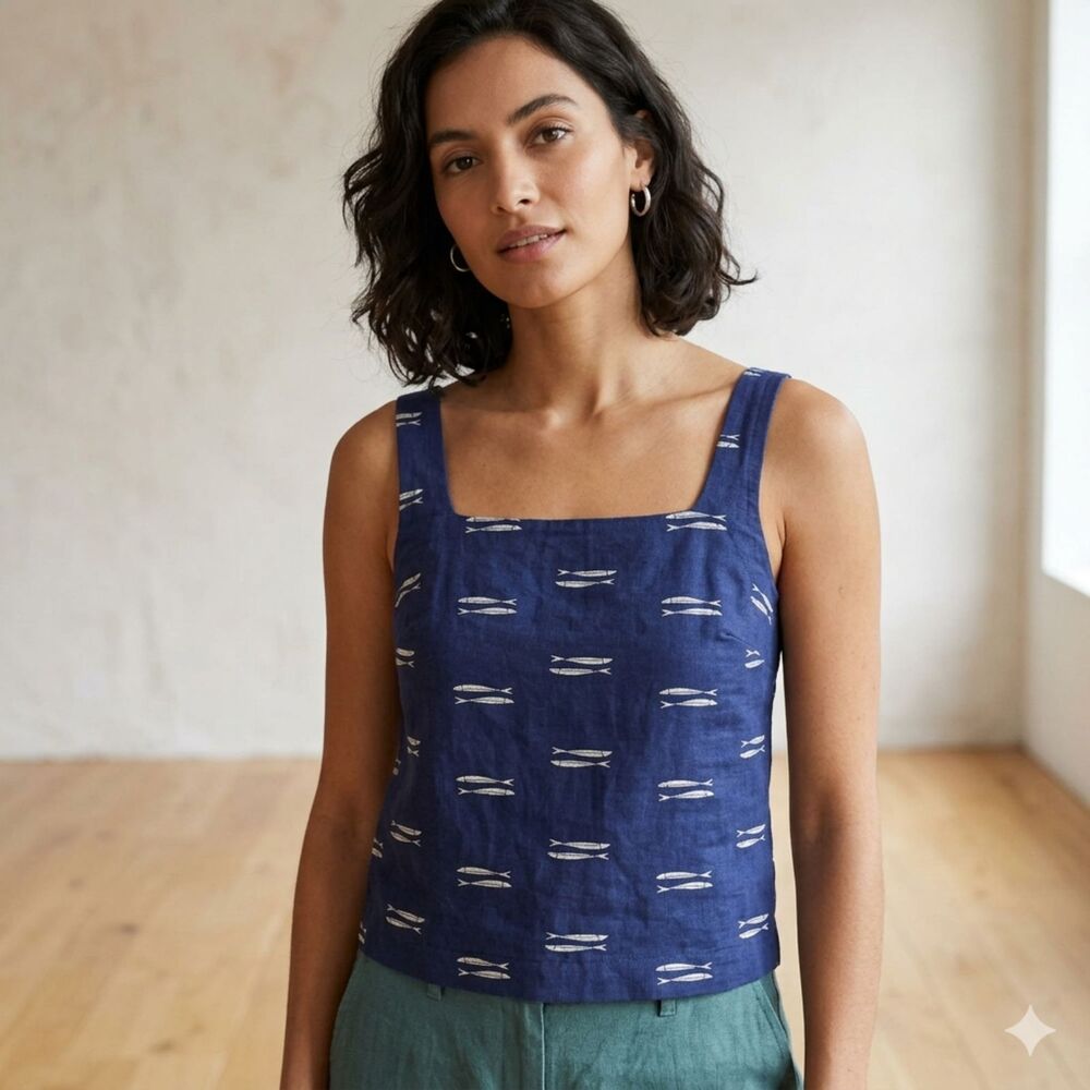 A New Day Fish Print Tank Top Small S Navy Blue Coastal Sardine Square Neck